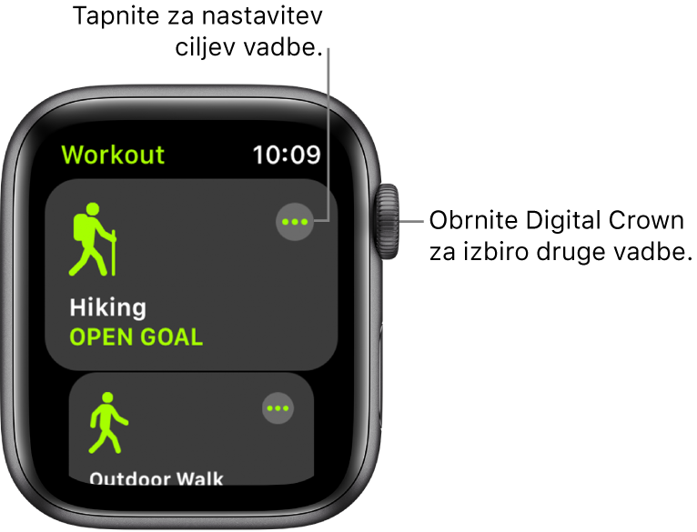 Zaslon Workout (Vadba) z označeno vadbo Hiking (Pohodništvo). V zgornjem desnem kotu je prikazan gumb More (Več). Del vadbe Outdoor Walk (Hoja na prostem) je prikazan spodaj.