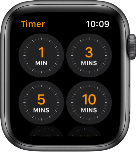 Zaslon aplikacije Timer (Časovnik), ki prikazuje hitre časovnike za 1, 3, 5 ali 10 minut.