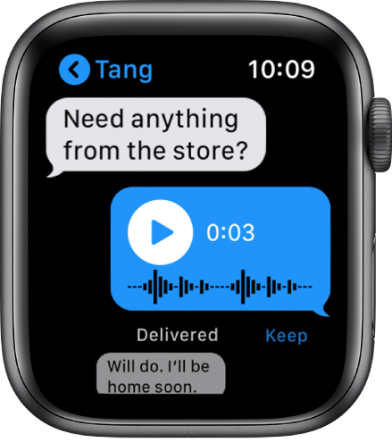 Zaslon aplikacije Messages (Sporočila), ki prikazuje pogovor. Odgovor na sredini je zvočno sporočilo z gumbom za predvajanje.