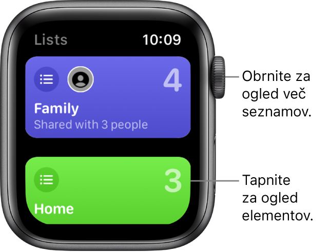 Zaslon Lists (Seznami) v aplikaciji Reminder (Opomnik) prikazuje dva gumba seznama – Family (Družina) in Home (Domov). Velike številke vam povedo, koliko opomnikov je na vsakem posameznem seznamu. Gumb Family (Družina) vključuje besedilo »Shared with 3 people« (V skupni rabi s 3 osebami). Tapnite seznam za ogled njegovih elementov ali zavrtite gumb Digital Crown za ogled več seznamov.