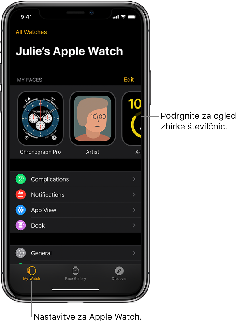Aplikacija Apple Watch v napravi iPhone z odprtim zaslonom My Watch (Moja ura), na katerem so na vrhu številčnice in spodaj nastavitve. Na dnu zaslona aplikacije Apple Watch so trije zavihki: levi zavihek je My Watch (Moja ura), kjer najdete nastavitve za Apple Watch; naslednji je Face Gallery (Galerija številčnic), kjer lahko izberete številčnice in pripomočke, ki so na voljo; nato je Discover (Odkrij), kjer lahko izveste več o uri Apple Watch.
