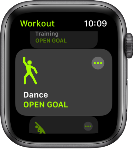 Zaslon aplikacije Workout (Vadba) s poudarjenim načinom vadbe Dance (Ples).