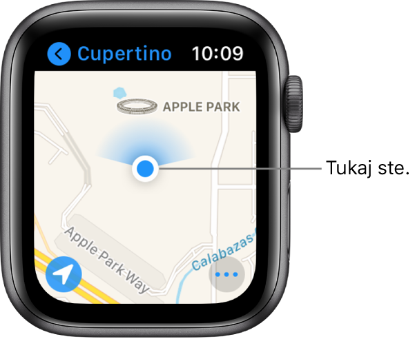 Aplikacija Maps (Zemljevidi) prikazuje zemljevid. Vaša lokacija je prikazana kot modra pika na zemljevidu. Modra pahljača nad lokacijsko piko kaže, da je ura obrnjena proti severu.