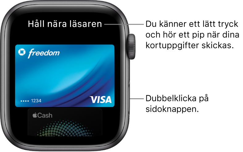 Apple Pay-skärm med ”Håll nära läsaren” överst. Ett lätt tryck känns och ett ljud hörs när kortinformationen skickas.