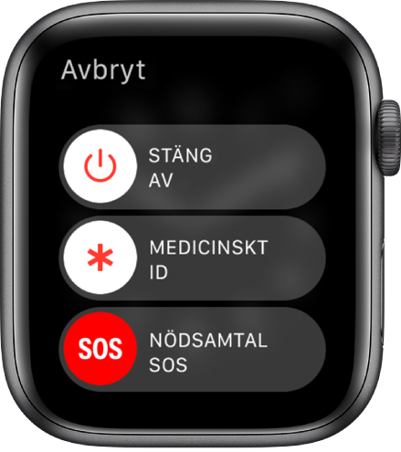 Skärmen på Apple Watch med tre skjutreglage: Stäng av, Medicinskt ID och Nödsamtal SOS. Stäng av Apple Watch genom att dra reglaget Stäng av.