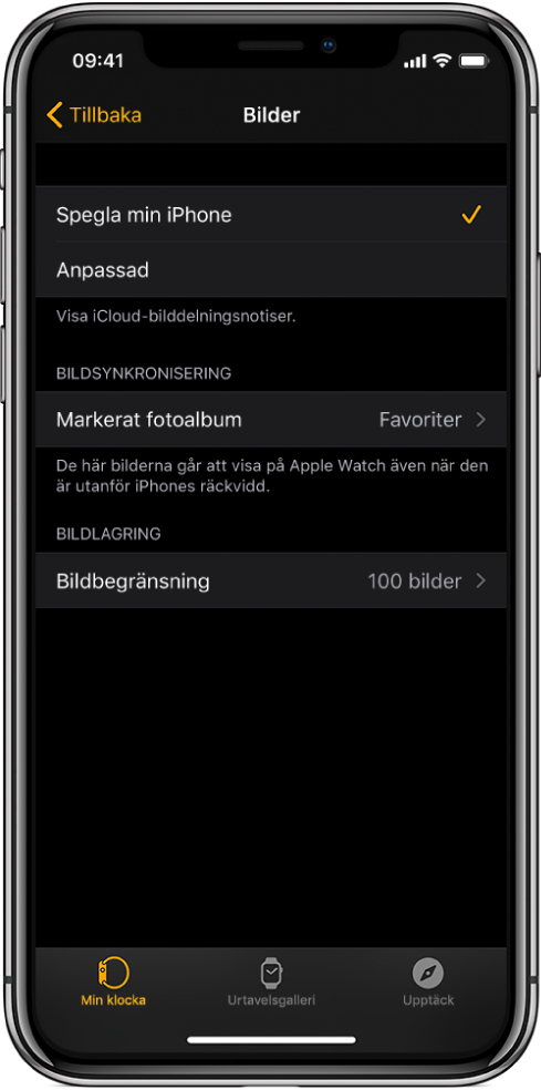 Bilder-inställningar i Apple Watch-appen på iPhone. Inställningen Bildsynkronisering finns i mitten och under den inställningen Bildbegränsning.