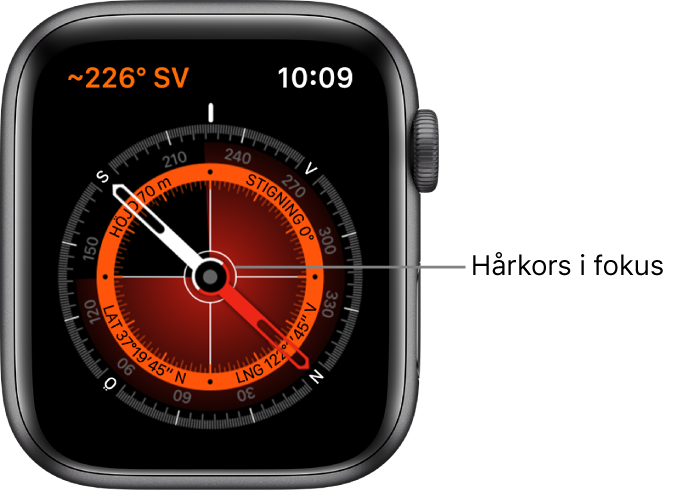 Kompassen visas på Apple Watch-urtavlan. Högst upp till vänster visas bäringen. Den inre cirkeln visar höjd över havet, lutning, latitud och longitud. Ett vitt hårkors visas och pekar mot nord, syd, öst och väst.