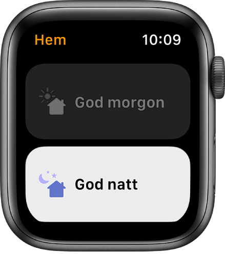 Appen Hem på Apple Watch med två genvägar – God morgon och God natt. God natt är markerad.