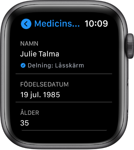 Skärmen för medicinskt ID som visar användarens namn och ålder.