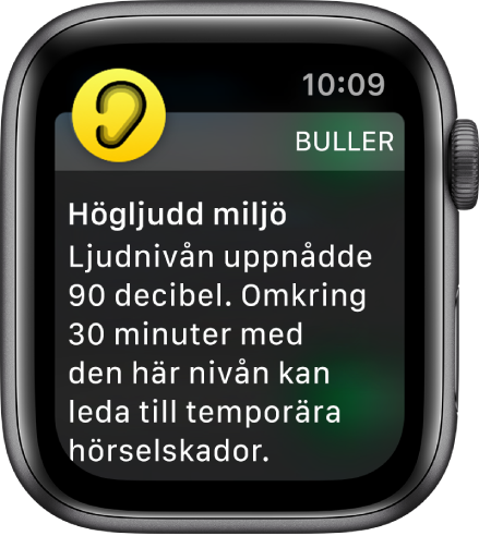 Apple Watch som visar en bullernotis. Symbolen för den app som är kopplad till notisen visas högst upp till vänster. Tryck på den om du vill öppna appen.