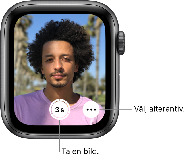 När Apple Watch används som kamerafjärrkontroll visar skärmen det som visas i kameran på din iPhone. Knappen Ta bild finns längst ned i mitten med knappen Fler alternativ till höger. Om du har tagit en bild visas bildvisningsknappen längst ned till vänster.