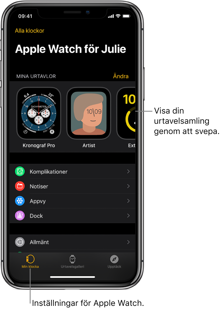 Apple Watch-appen på iPhone som visar skärmen Min klocka och dina urtavlor nästan högst upp och inställningar under det. Det finns tre flikar längst ned på skärmen i Apple Watch-appen. Fliken till vänster är Min klocka där du gör inställningar för Apple Watch. I fliken bredvid visas urtavelsgalleriet där du kan hitta urtavlor och komplikationer och nästa flik är Upptäck där du kan lära dig mer om Apple Watch.