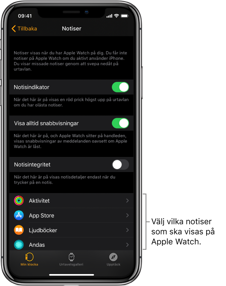 Skärmen Notiser i Apple Watch-appen på iPhone som visar notiskällor.