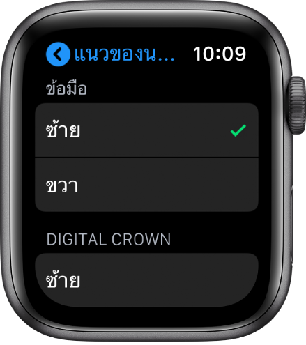 หน้าจอแนวบน Apple Watch คุณสามารถตั้งการตั้งค่าข้อมือและ Digital Crown ของคุณได้