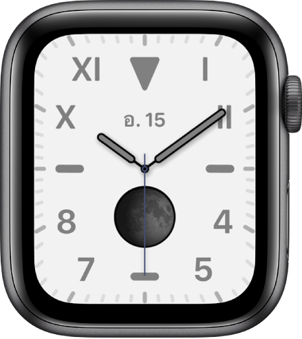 หน้าปัดนาฬิกาแคลิฟอร์เนีย ซึ่งแสดงการผสมผสานระหว่างตัวเลขโรมันและตัวเลขอารบิก หน้าปัดนาฬิกาแสดงกลไกหน้าปัดดวงจันทร์ข้างขึ้นข้างแรม