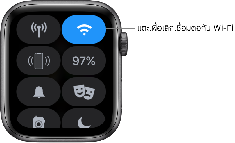 ศูนย์ควบคุมบน Apple Watch (GPS + Cellular) ที่มีปุ่ม Wi-Fi ที่ด้านขวาบนสุด คำอธิบายที่มีคำว่า “แตะเพื่อเลิกเชื่อมต่อจาก Wi-Fi”