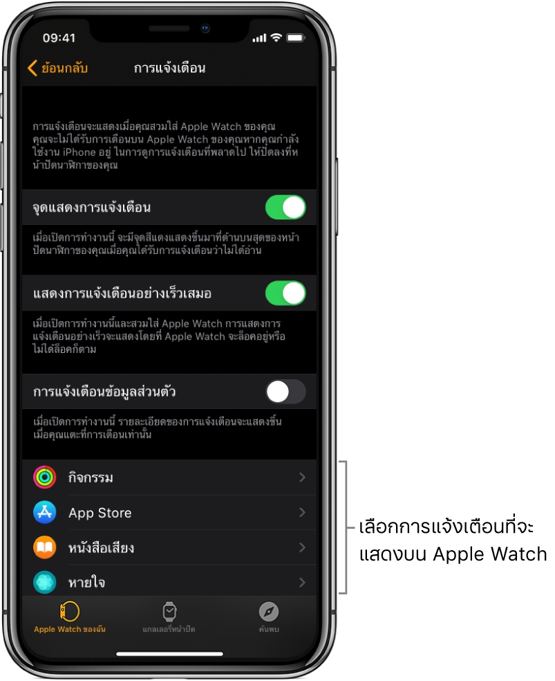 หน้าจอการแจ้งเตือนในแอพ Apple Watch บน iPhone ซึ่งแสดงที่มาของการแจ้งเตือน