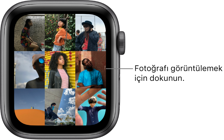 Bir ızgarada görüntülenen çok sayıda fotoğrafla birlikte Apple Watch Fotoğraflar uygulamasının ana ekranı.