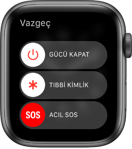 Üç sürgü gösteren Apple Watch ekranı: Gücü Kapat, Tıbbi Kimlik ve Acil SOS. Apple Watch’u kapatmak için Gücü Kapat sürgüsünü sürükleyin.