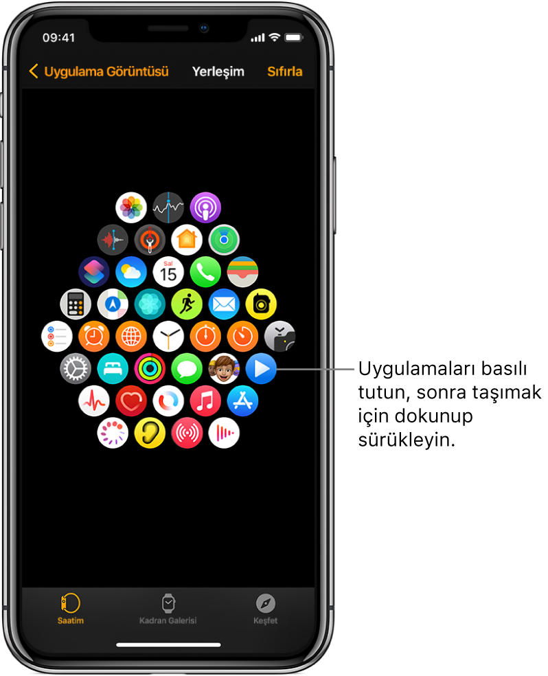 Izgara görüntüsünde simgelerin gösterildiği Apple Watch uygulamasındaki Yerleşim ekranı.