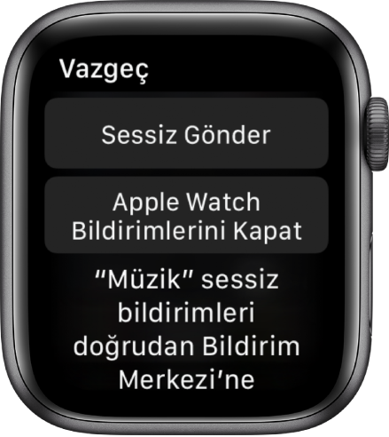 Apple Watch’taki bildirim ayarları. Üstteki düğmenin üzerinde “Sessiz Gönder”, alttaki düğmenin üzerinde “Bildirimleri Kapat: Apple Watch” yazar.