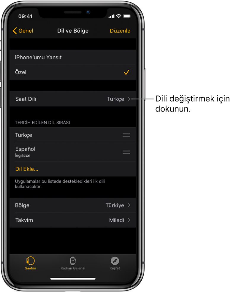 Apple Watch uygulamasının, üst tarafta Saat Dili ayarıyla Dil ve Bölge ekranı.