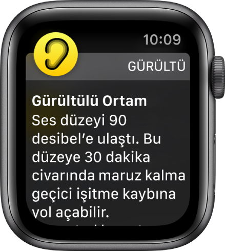 90 dB düzeyini gösteren Gürültü ekranı. Alt tarafta, bu düzeydeki seslere uzun süre maruz kalmayla ilgili bir uyarı görünüyor.