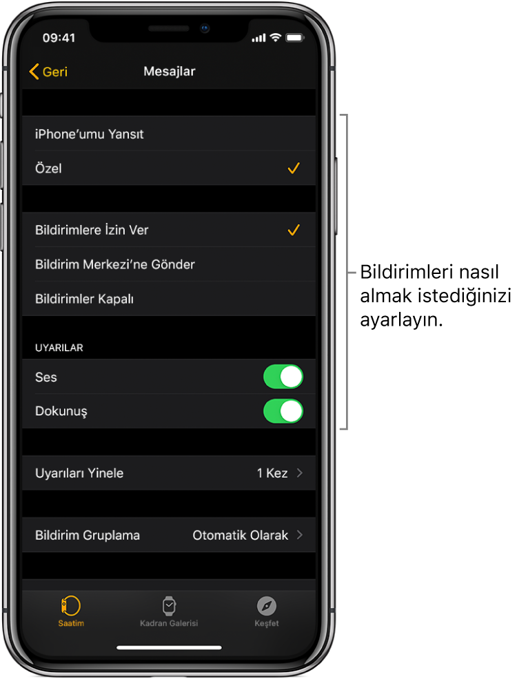 iPhone’daki Apple Watch uygulamasında Mesajlar ayarları. Uyarıların gösterilip gösterilmemesini, sesin açılıp açılmamasını, dokunuşun açılıp açılmamasını ve uyarıların yinelenip yinelenmemesini seçebilirsiniz.