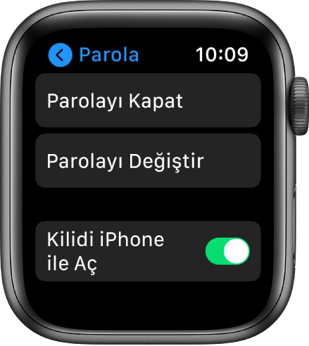 En üstte Parolayı Kapat düğmesi, onun altında Parolayı Değiştir düğmesi ve en altta Kilidi iPhone ile Aç anahtarı gösterilen Apple Watch’taki parola ayarları.