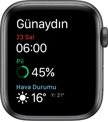 Uyanma ekranını gösteren Apple Watch. En üstte Günaydın sözcükleri görünüyor. Onun altında tarih, saat, pil yüzdesi ve hava durumu var.