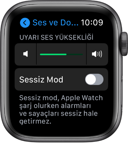 En üstte Uyarı Ses Yüksekliği sürgüsünü ve altında Sessiz Mod düğmesini gösteren Apple Watch’taki Ses ve Dokunuş ayarları.