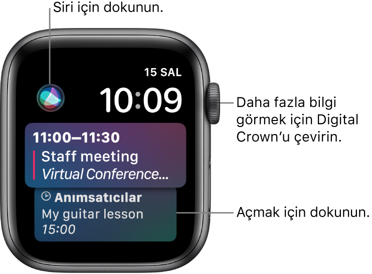 Bir anımsatıcıyı ve bir takvim etkinliğini gösteren Siri saat kadranı. Siri düğmesi, ekranın sol üst tarafındadır. Tarih ve saat sağ üsttedir.