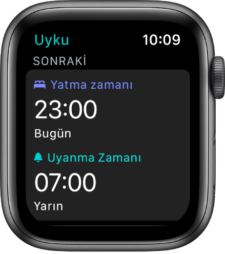 Gecenin uyku planını gösteren Uyku ekranı. Üst taraftaki Yatma Zamanı 23:00 olarak ayarlanmış. Altta ise 07:00’yi gösteren uyanma zamanı var.