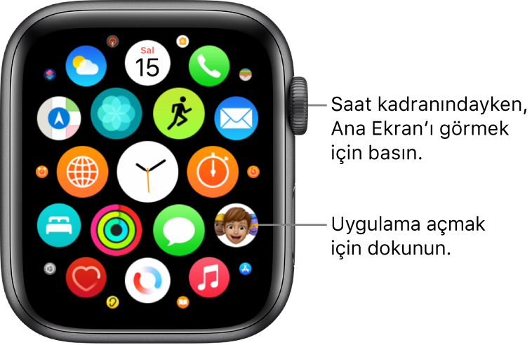Apple Watch’ta küme şeklindeki uygulamalarla ızgara görüntüsündeki ana ekran. Açmak istediğiniz bir uygulamaya dokunun. Diğer uygulamaları görmek için sürükleyin.