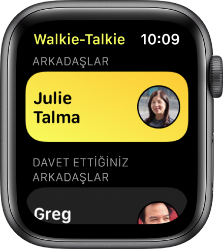 En üst tarafta bir kişiyi ve en altta davet ettiğiniz bir arkadaşı gösteren Walkie-Talkie ekranı.