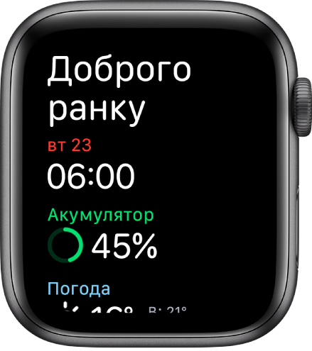 Apple Watch з екраном підйому. Вгорі є слова «Доброго ранку». Дата, час, заряд акумулятора у відсотках та дані про погоду наведено нижче.