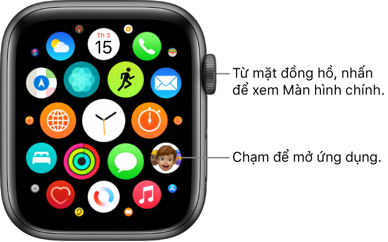 Màn hình chính ở chế độ xem lưới trên Apple Watch, với các ứng dụng trong một nhóm. Chạm vào một ứng dụng để mở. Kéo để xem các ứng dụng khác.