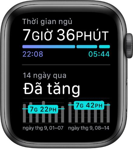 Ứng dụng Ngủ trên Apple Watch hiển thị thời gian ngủ ở trên cùng và xu hướng giấc ngủ của bạn trong 14 ngày qua.