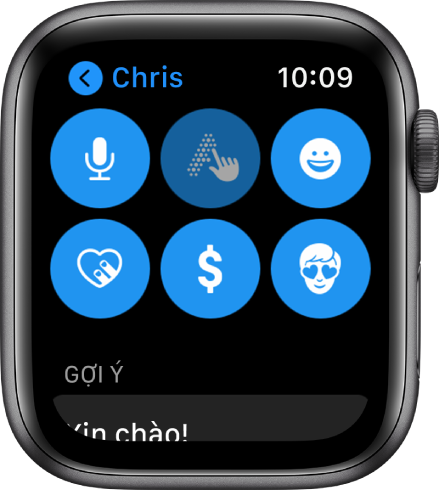 Một màn hình Tin nhắn đang hiển thị nút Apple Pay cùng với các nút Đọc chính tả, Viết chữ, Biểu tượng, Digital Touch và Memoji.