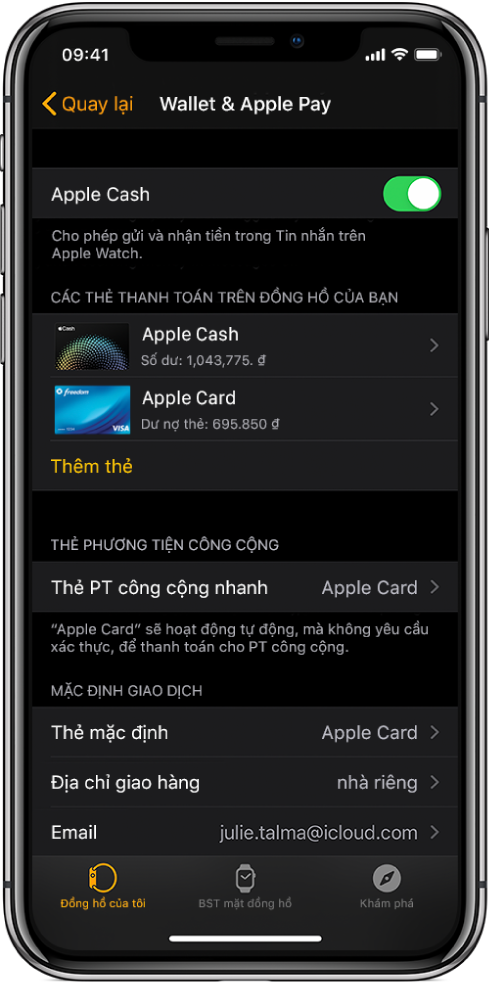 Màn hình Wallet & Apple Pay trong ứng dụng Apple Watch trên iPhone. Màn hình hiển thị các thẻ được thêm vào Apple Watch, thẻ mà bạn đã chọn để sử dụng cho phương tiện công cộng nhanh và cài đặt mặc định của giao dịch.