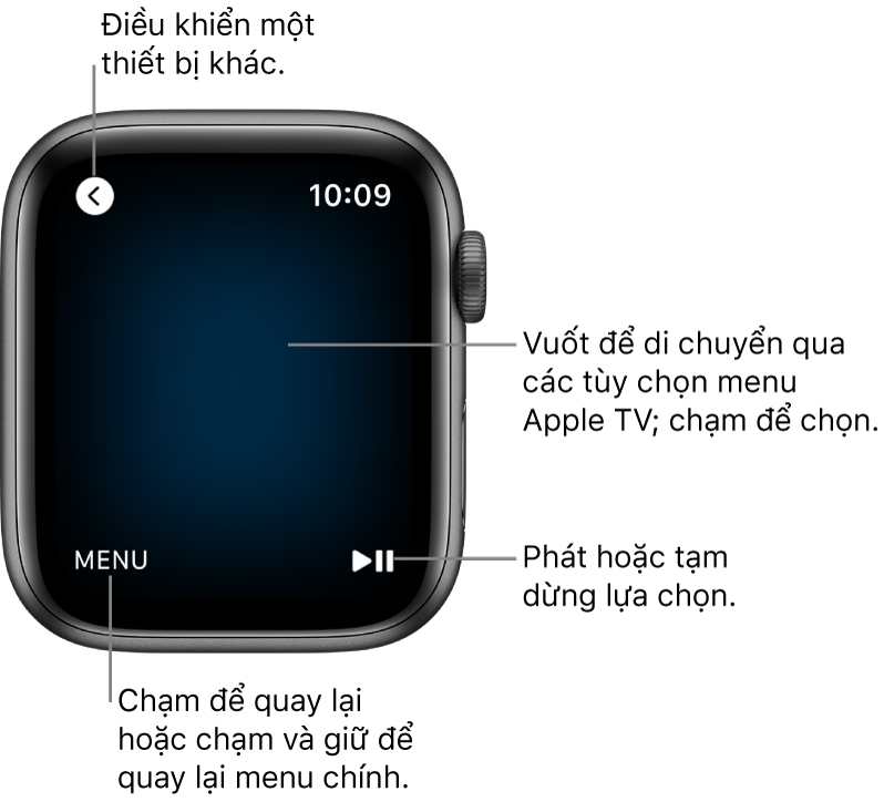 Màn hình Apple Watch trong khi đang được sử dụng làm điều khiển từ xa. Nút Menu ở dưới cùng bên trái và nút Phát/Tạm dừng ở dưới cùng bên phải. Nút Quay lại ở trên cùng bên trái.