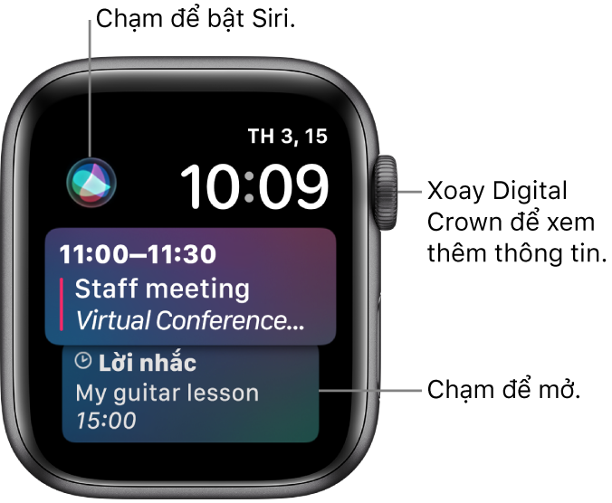 Mặt đồng hồ Siri đang hiển thị lời nhắc và một sự kiện trên lịch. Nút Siri ở trên cùng bên trái của màn hình. Ngày và giờ ở trên cùng bên phải.