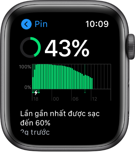 Trên màn hình Pin, bạn nhìn thấy điện tích pin còn lại, một biểu đồ sử dụng pin theo thời gian và thời điểm pin được sạc đến 60% gần đây nhất.