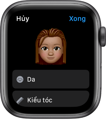 Ứng dụng Memoji trên Apple Watch đang hiển thị một khuôn mặt ở gần trên cùng và các tùy chọn Da và Kiểu tóc ở bên dưới.