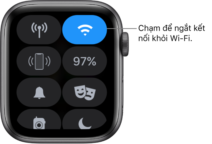 Trung tâm điều khiển trên Apple Watch (GPS + Cellular), với nút Wi-Fi ở trên cùng bên phải. Chú thích có nội dung “Chạm để ngắt kết nối khỏi Wi-Fi”.