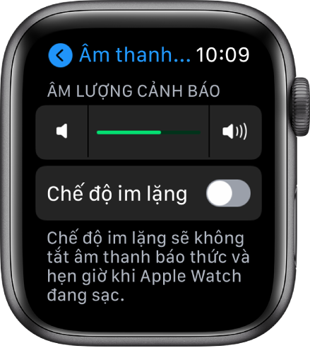 Cài đặt Âm thanh & Cảm ứng trên Apple Watch, với thanh trượt Âm lượng cảnh báo ở trên cùng và nút Chế độ im lặng ở bên dưới.
