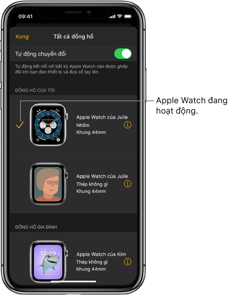 Trong màn hình Tất cả đồng hồ của ứng dụng Apple Watch, một dấu chọn cho biết Apple Watch đang hoạt động.