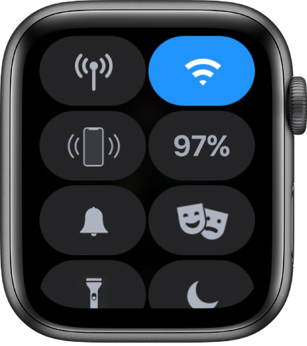 “控制中心”显示了八个按钮，分别为：蜂窝网络、无线局域网、呼叫 iPhone、电池、静音模式、剧院模式和勿扰模式。