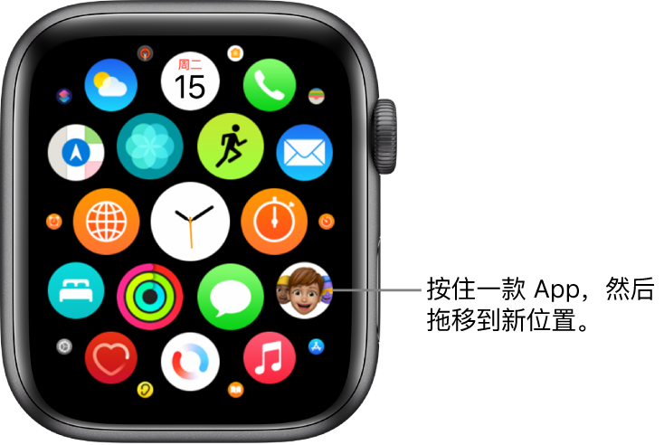网格视图中的 Apple Watch 主屏幕。