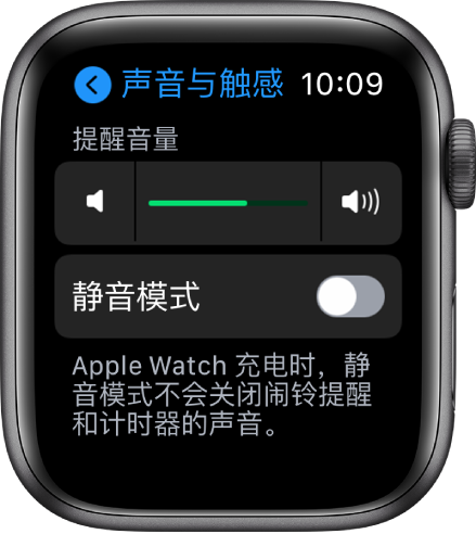 Apple Watch 上的“声音与触感”设置，顶部是“提醒音量”滑块，下方是“静音模式”按钮。